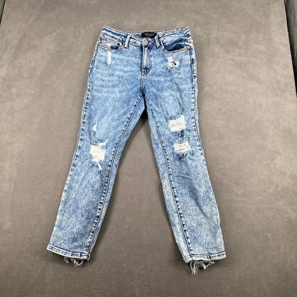 Judy Blue Boyfriend Jeans Womens 5/27 Blue Cotton Stretch Mid Rise Distressed